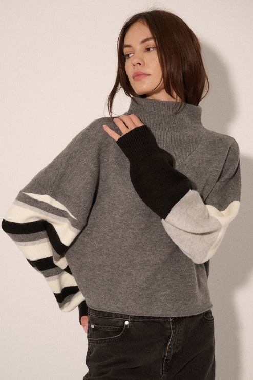 Grey Striped Sleeve Sweater