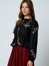 Load image into Gallery viewer, Black Floral Embroidered Tie Front Top
