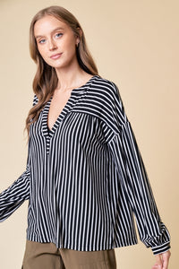 Black Stripe V-Neck Top