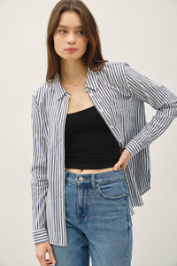 Navy Striped Button Top