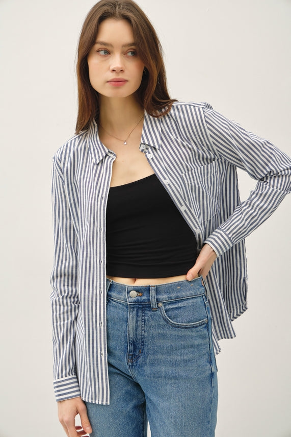 Navy Striped Button Top