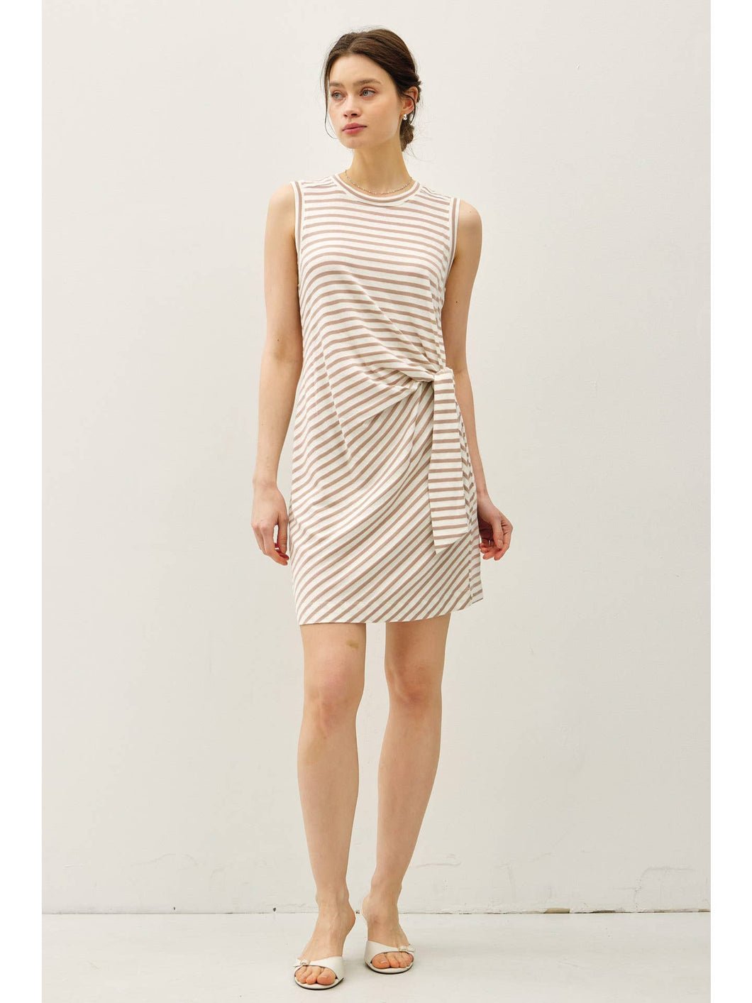 Taupe Linen Stripe Wrap Dress