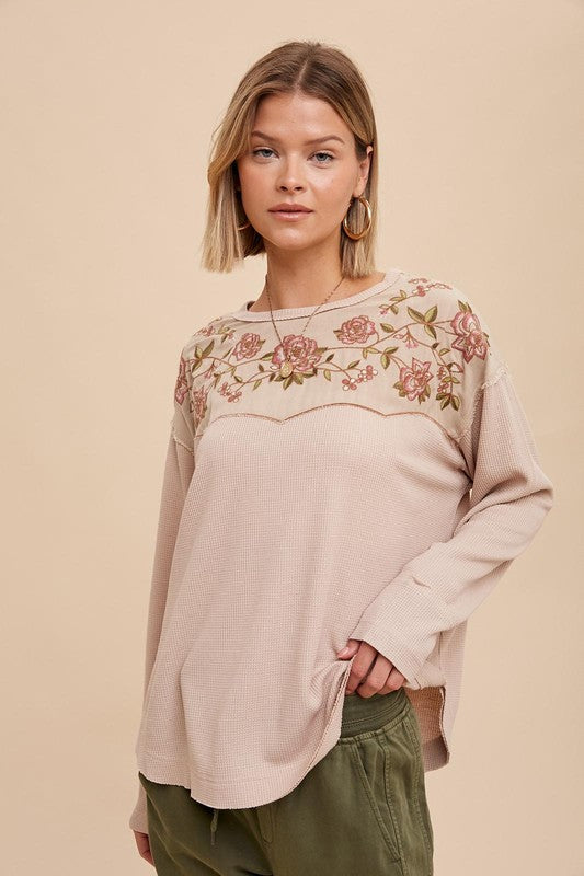 Almond Embroidered Floral Thermal Top