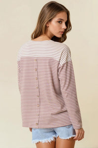 Mauve Stripe Button Back Top