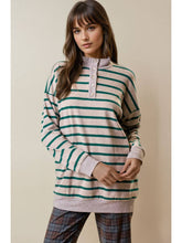 Load image into Gallery viewer, Oatmeal + Hunter Striped Henley Top
