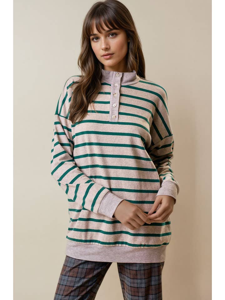 Oatmeal + Hunter Striped Henley Top
