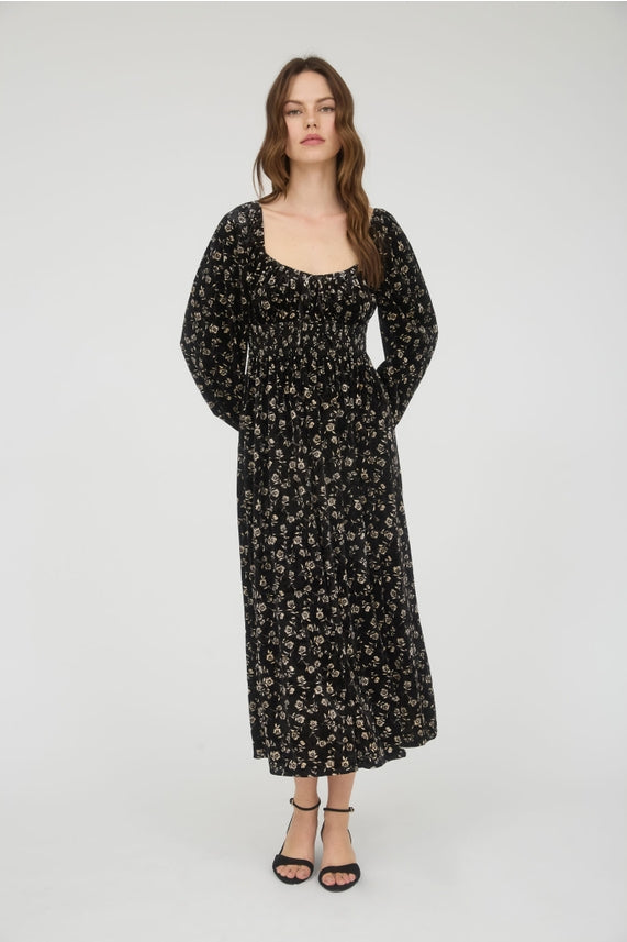 Black Floral Midi Smocked Dress