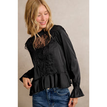 Load image into Gallery viewer, Black Satin Peplum Lace Top
