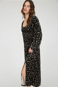 Black Floral Midi Smocked Dress