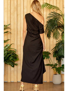 Black One Shoulder Ruched Dress