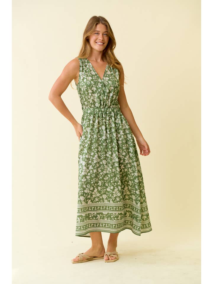 green emerald velvet dress Green Floral Faux-Wrap Casual Dress with Sleeves PromGirl