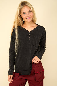 Black Henley Washed Top