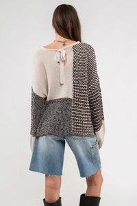 Grey + Oatmeal Tie Back Sweater