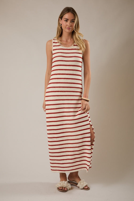 red and cream striped dress Red and cream maxi dress with wavy print and bow