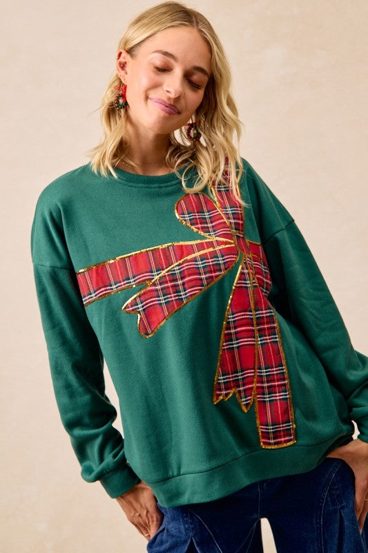 Bibi Green Plaid Bow Pullover