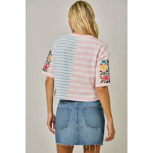 Load image into Gallery viewer, Mystree Blue + Pink Stripe Embroidered Tee
