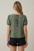Load image into Gallery viewer, Olive Polka Dot Peplum Top
