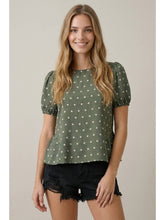Load image into Gallery viewer, Olive Polka Dot Peplum Top
