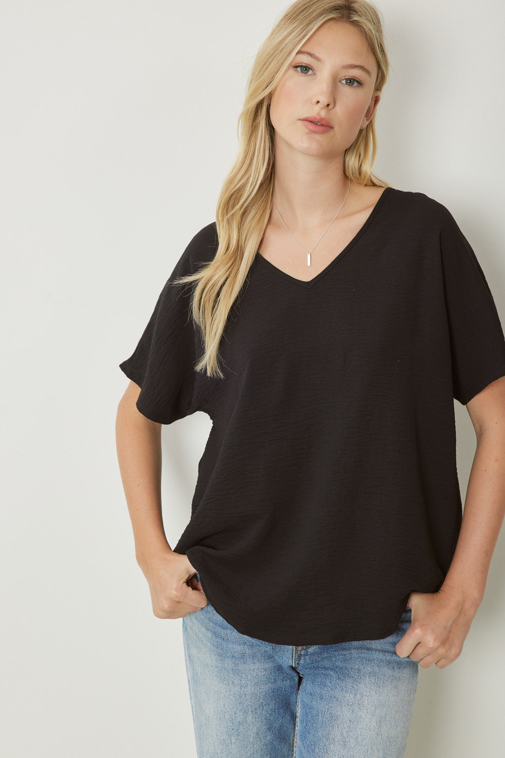 Black V-Neck Cuff Sleeve Top