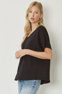 Black V-Neck Cuff Sleeve Top