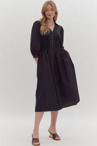 Black Zip Smocked Dress