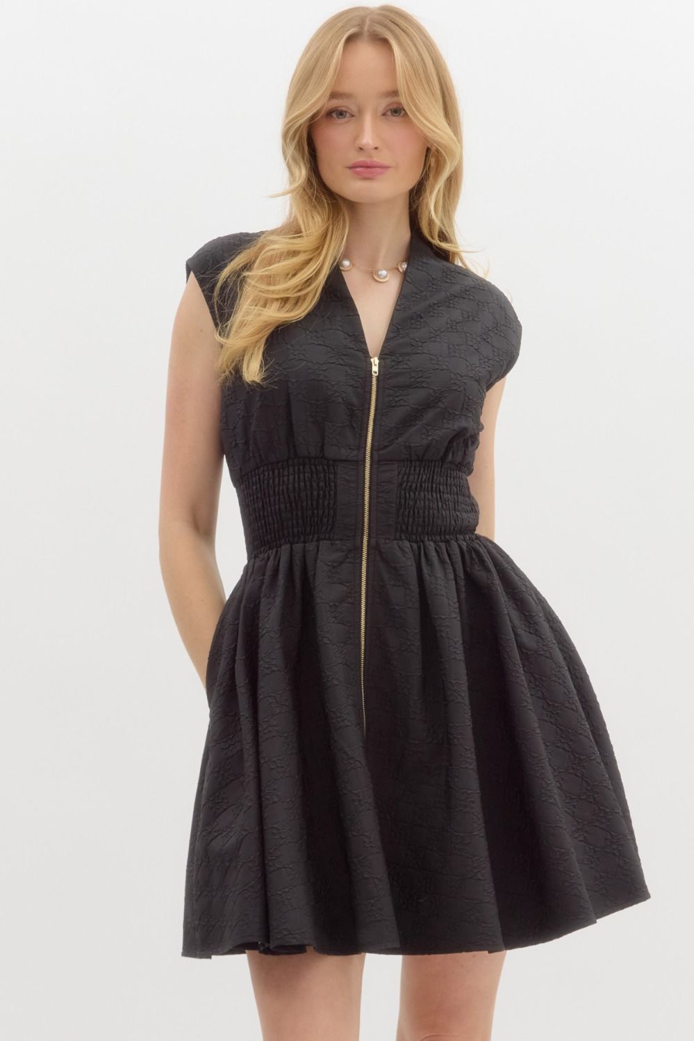 Black Smocked Zip Mini Dress