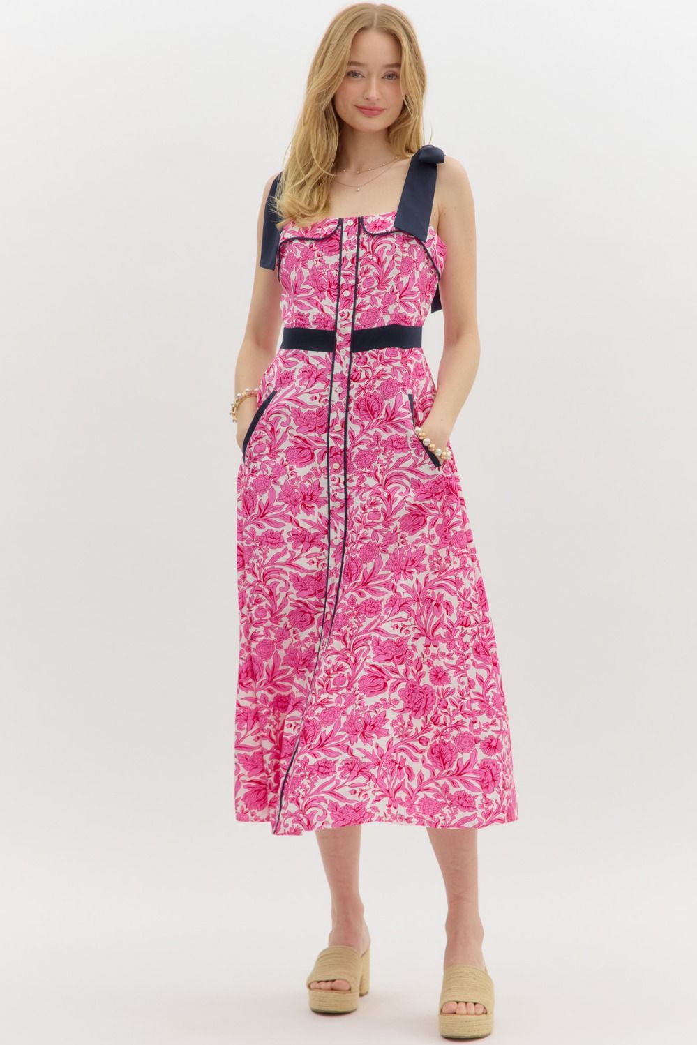 Pink + Navy Floral Midi Dress