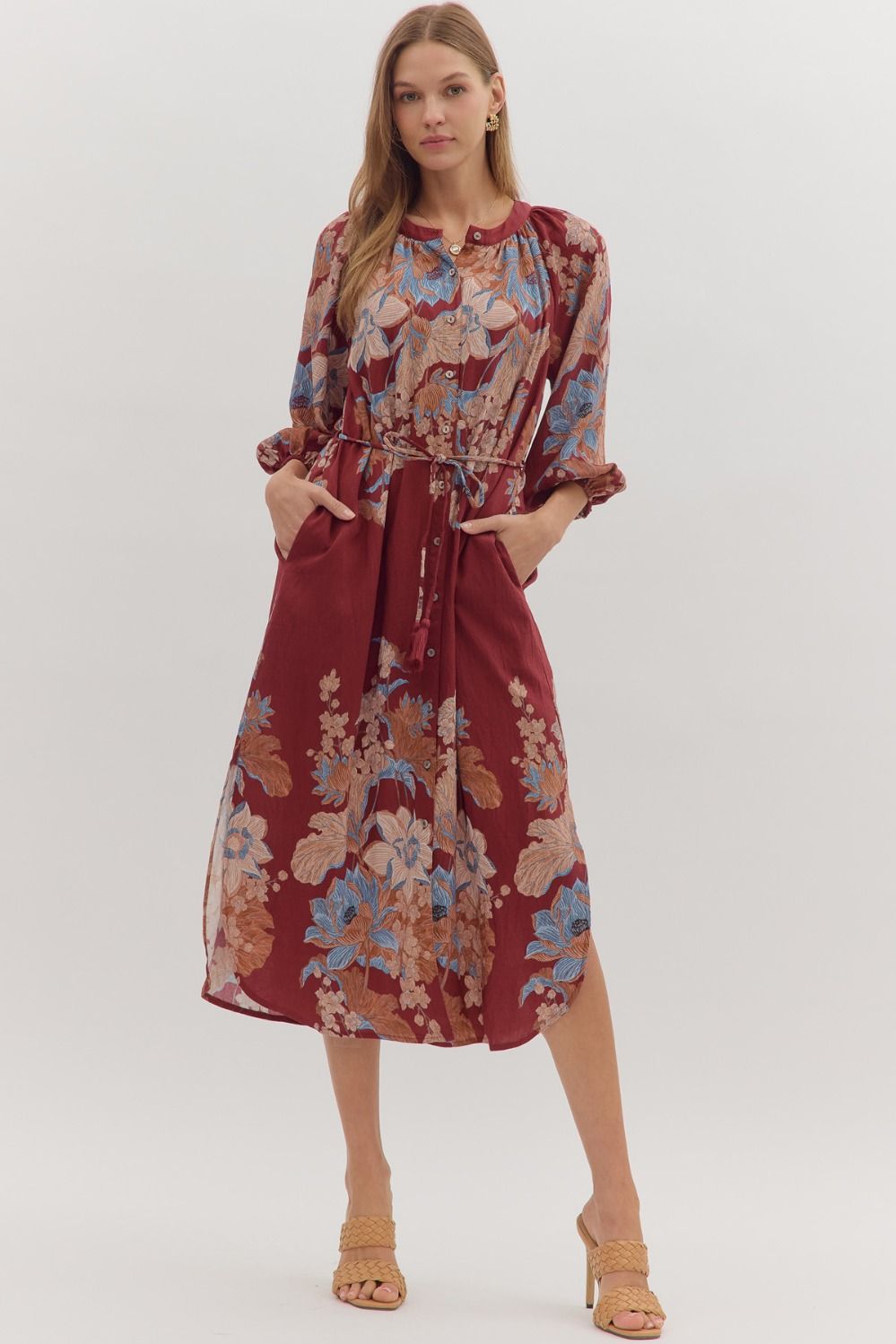 knee length dresses for ladies Floral Cotton Maxi Dress- Short Sleeve Dresses for Women- Entro Midi Dress Medium main image 1