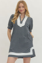 Load image into Gallery viewer, Navy Stripe Dress w/White Trim

