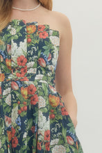 Load image into Gallery viewer, Entro Navy Strapless Pleated Floral Dress
