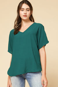 Green V-Neck Cuff Sleeve Top