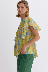 Lime Pintuck Floral Top