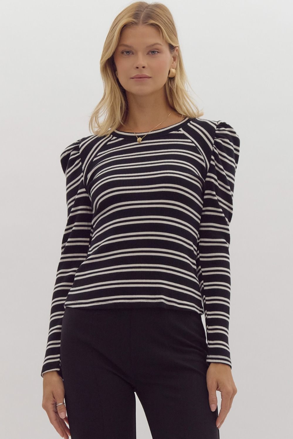 B+W Puff Sleeve Stripe Top