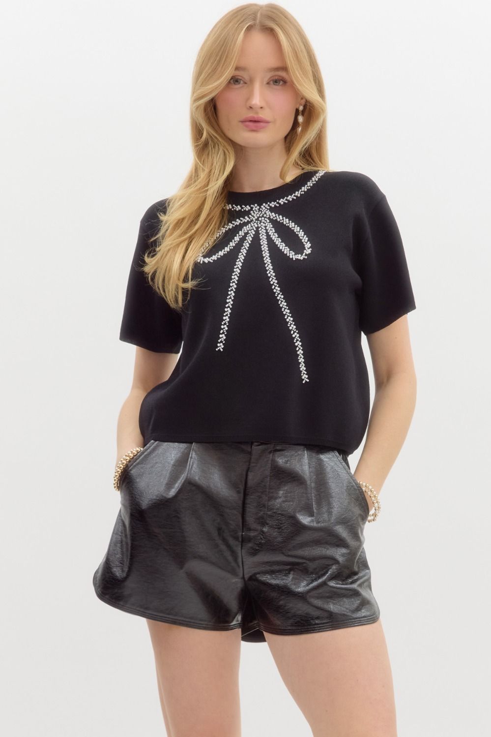 Black Embellished Bow Top