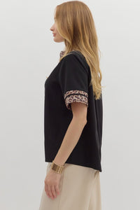 Black Leopard Trim Top