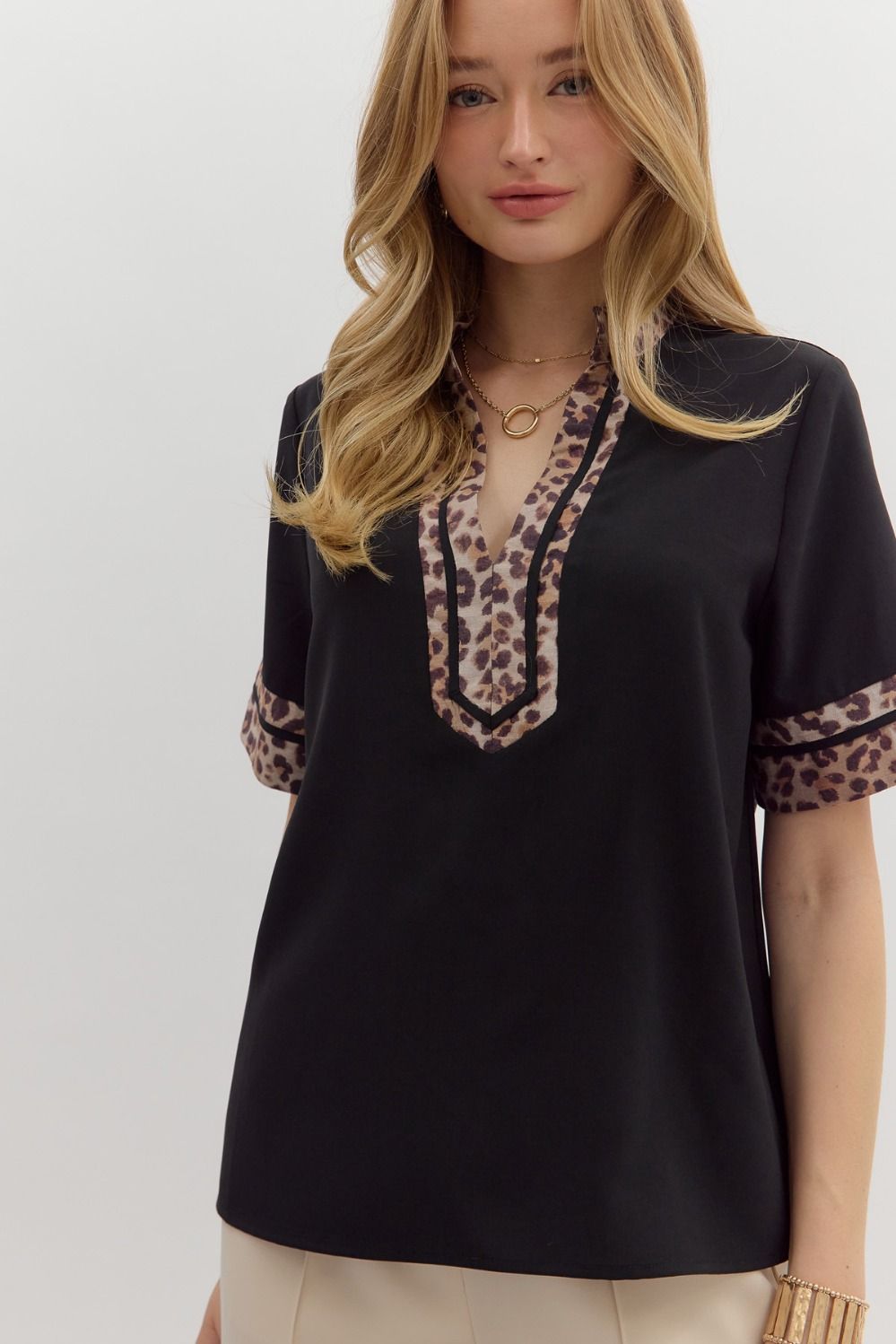 Black Leopard Trim Top