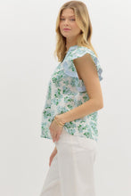 Load image into Gallery viewer, Blue + Green Floral Ruffle Top
