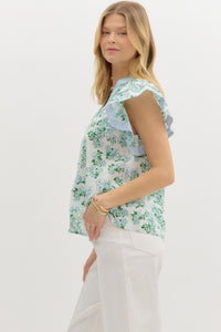 Blue + Green Floral Ruffle Top