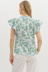 Blue + Green Floral Ruffle Top