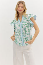 Load image into Gallery viewer, Blue + Green Floral Ruffle Top
