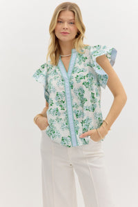 Blue + Green Floral Ruffle Top