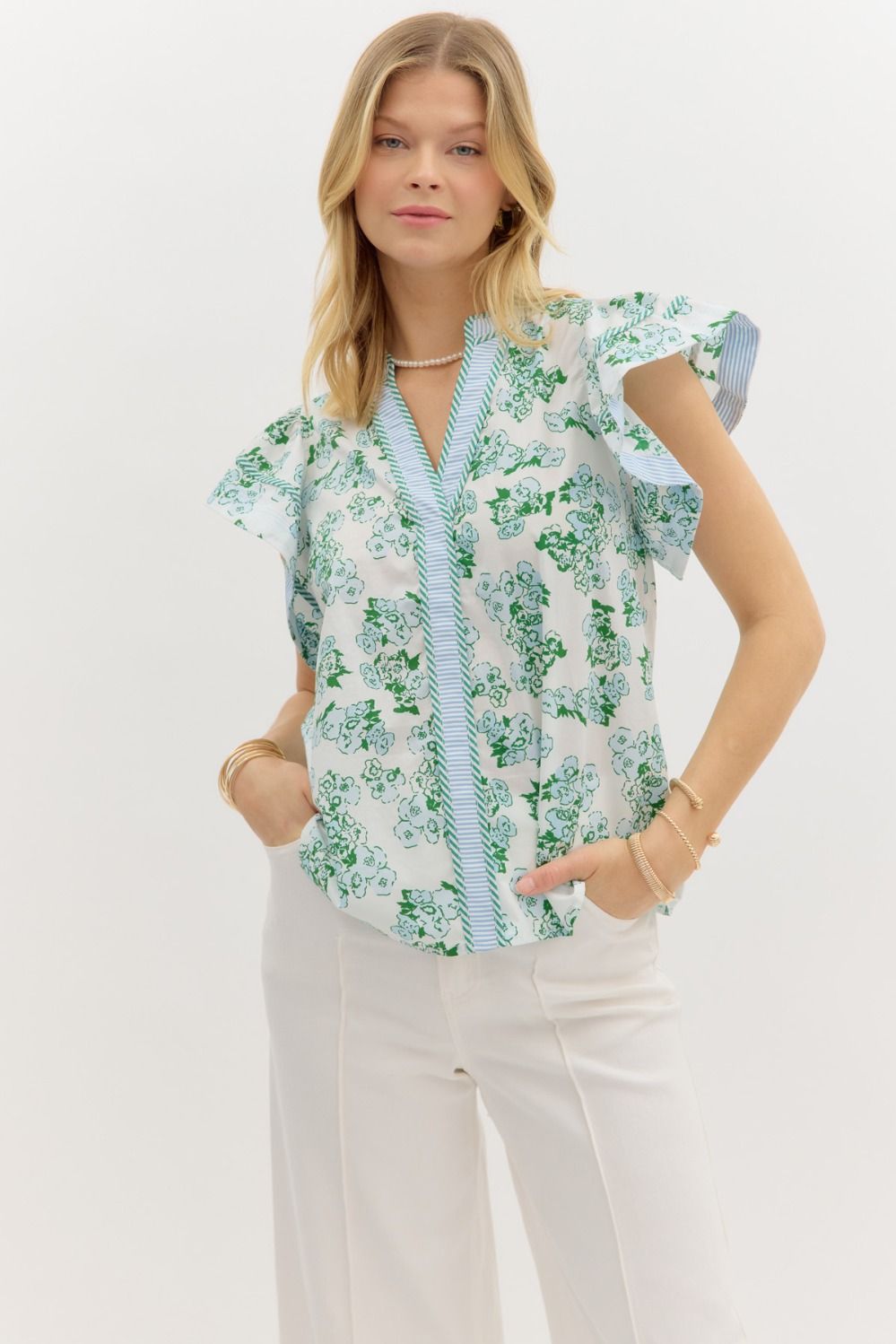 Blue + Green Floral Ruffle Top