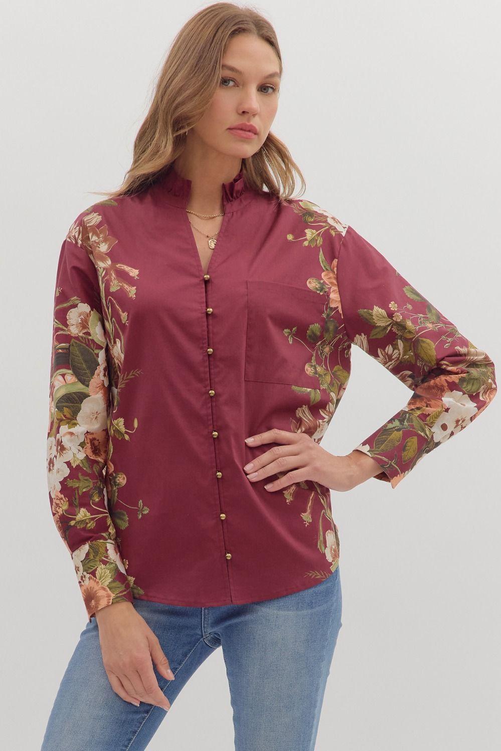 burgundy floral dress shirt Secret Garden Button Blouse T28313 Entro Burgundy / M
