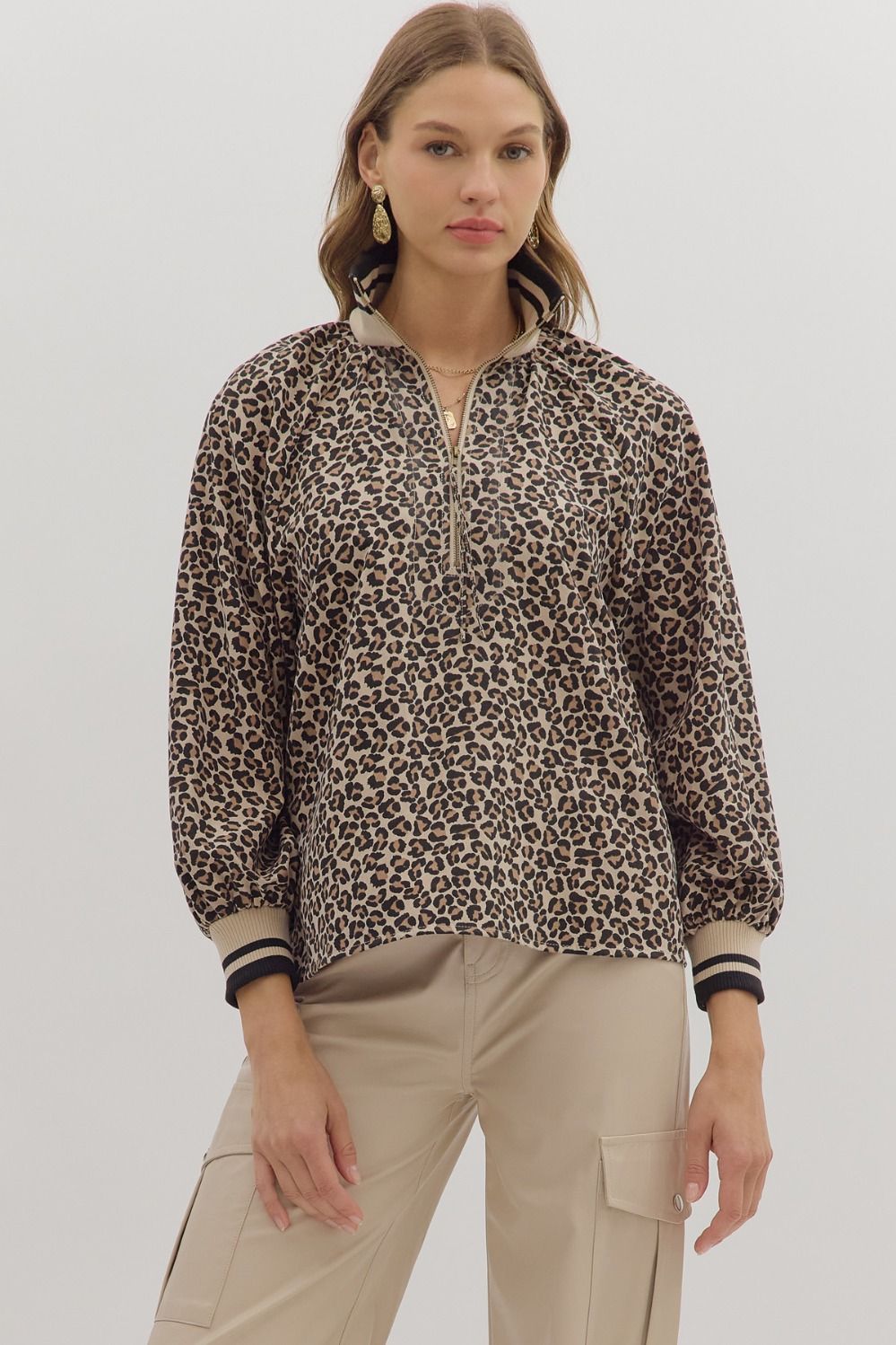 Taupe Leopard Zip Top