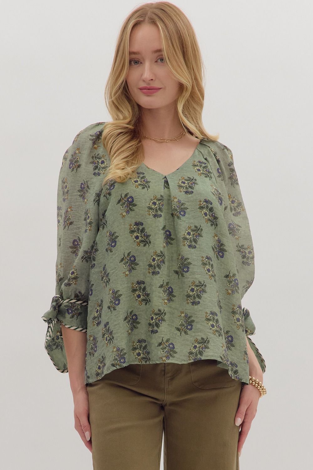 Sage Floral Tie Sleeve Top