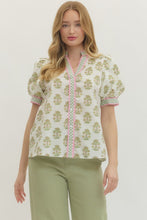 Load image into Gallery viewer, Entro Sage Gingham Floral Trim Top
