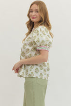 Load image into Gallery viewer, Entro Sage Gingham Floral Trim Top
