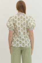 Load image into Gallery viewer, Entro Sage Gingham Floral Trim Top
