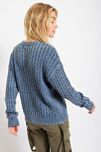 Washed Denim Cable Sweater