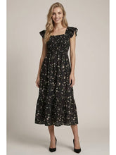 Load image into Gallery viewer, Black Floral Smocked Midi Dress
